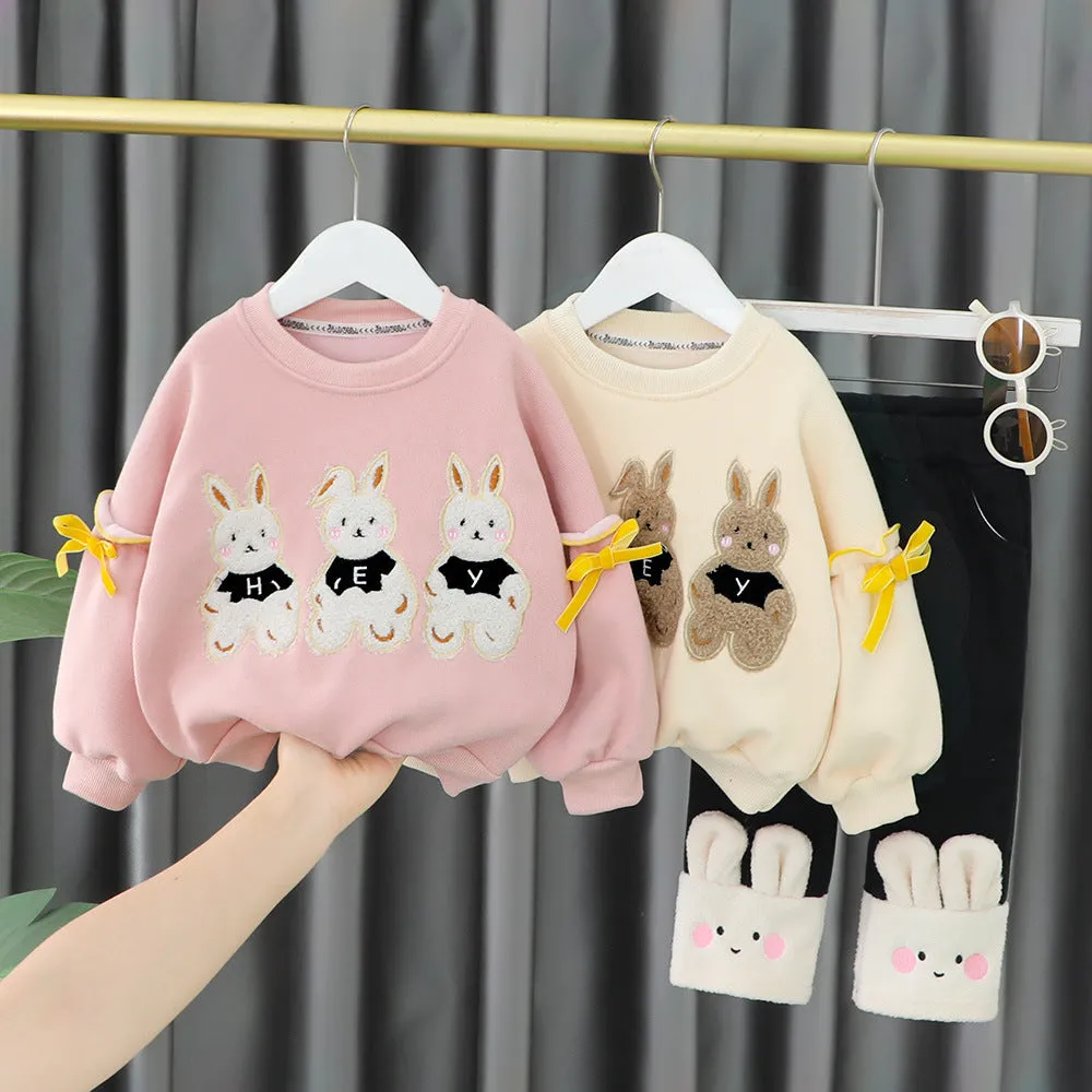 2 Pieces Set Baby Kid Girls Cartoon Bow Hoodies Swearshirts And Color-blocking Pants