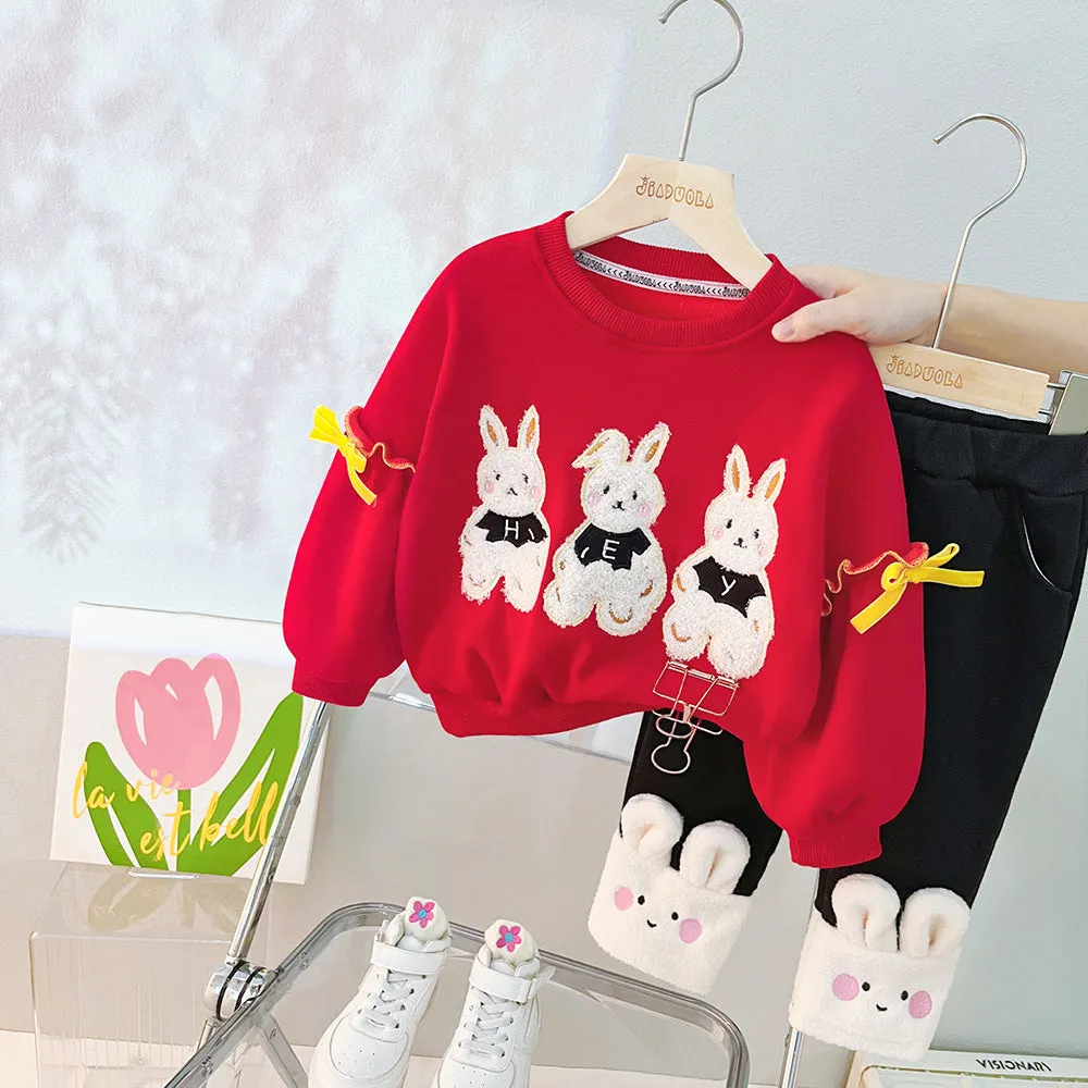 2 Pieces Set Baby Kid Girls Cartoon Bow Hoodies Swearshirts And Color-blocking Pants