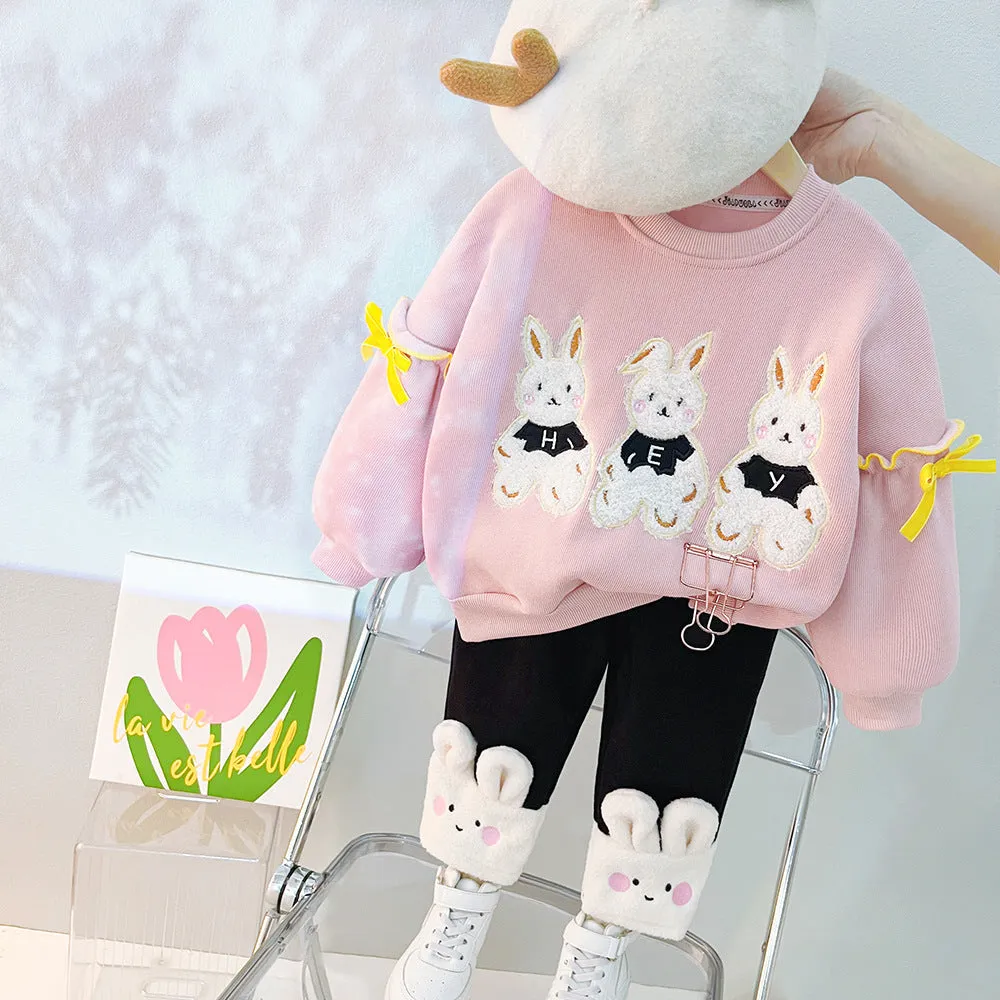 2 Pieces Set Baby Kid Girls Cartoon Bow Hoodies Swearshirts And Color-blocking Pants