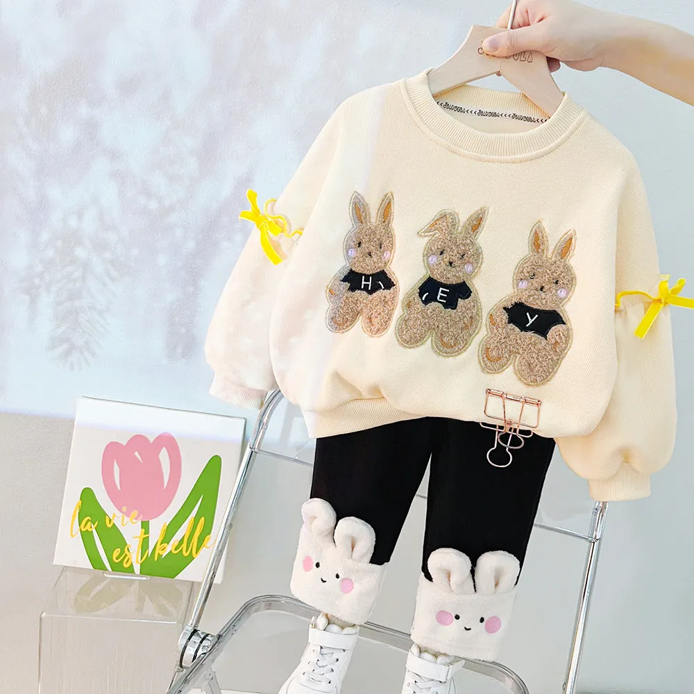 2 Pieces Set Baby Kid Girls Cartoon Bow Hoodies Swearshirts And Color-blocking Pants