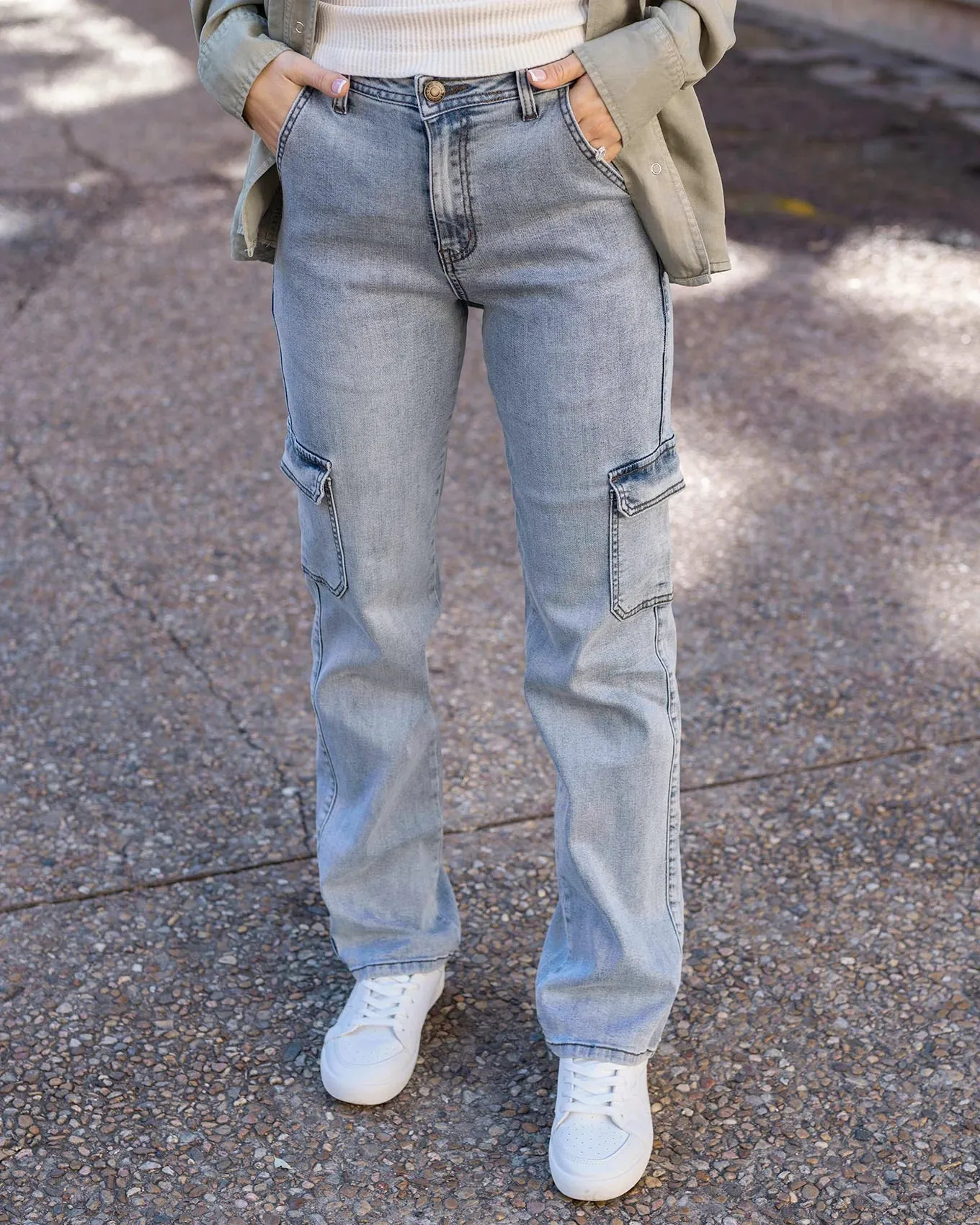 Aged Wash Soft Wash Cargo Jeans by Grace & Lace (Ships in 1-2 Weeks)