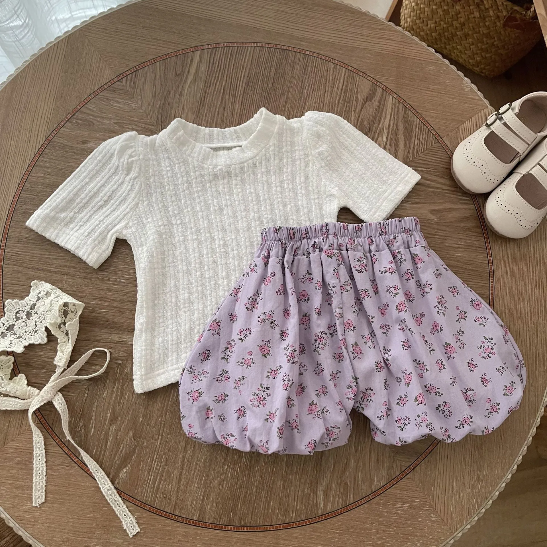 Baby Girls Solid Color Flower Print Tops Shorts Wholesale 24011114