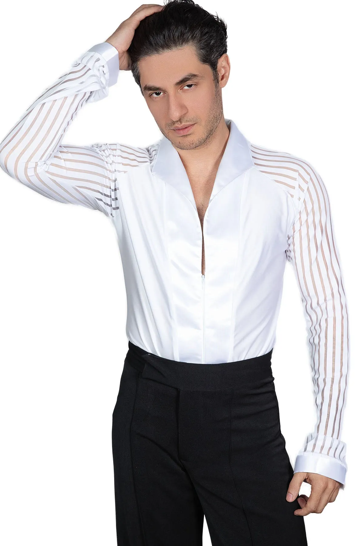 Dance America MS40 Men's Striped Sleeve Zipper Closure Latin Shirt with Soft Collar and Trunks in Stock