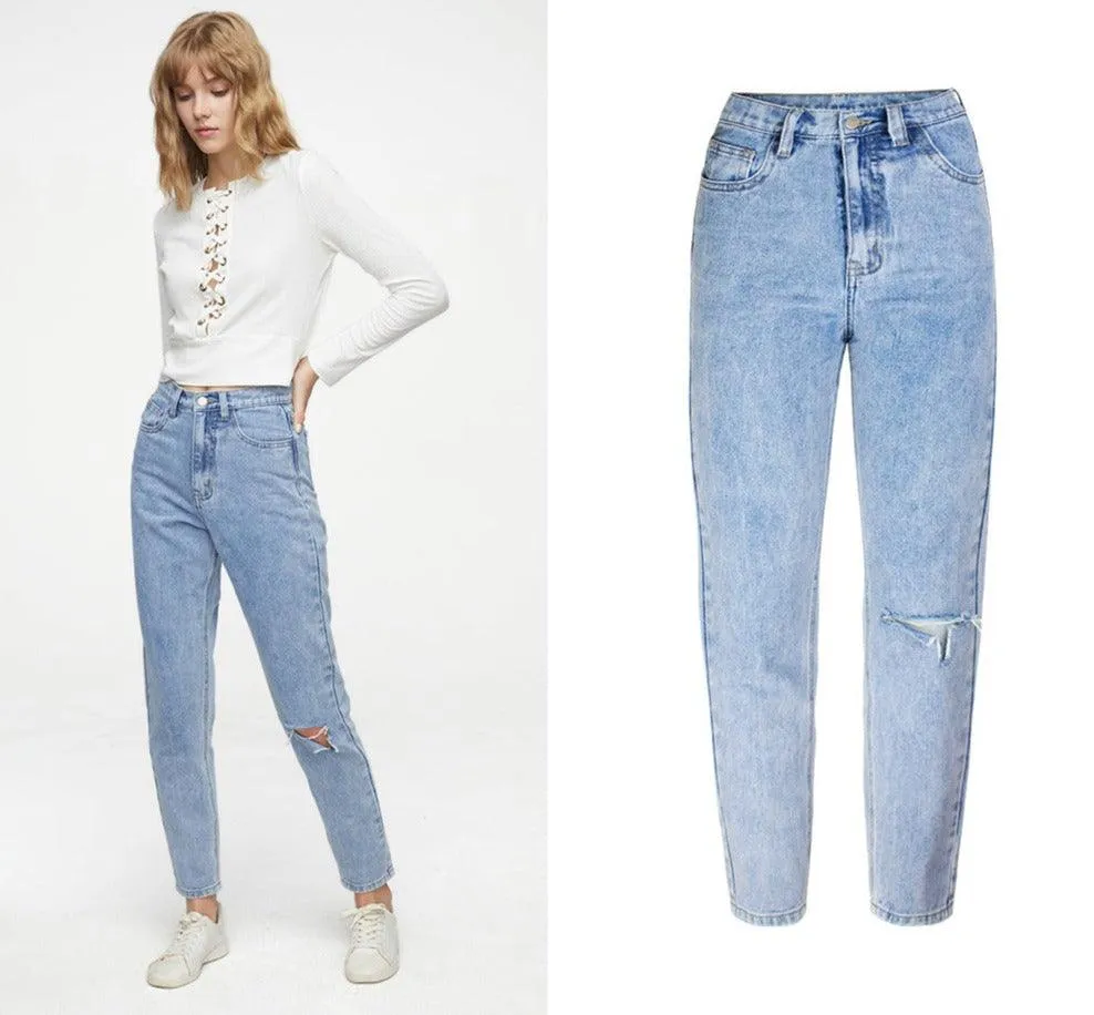 High Waist Loose Straight Wide Leg Pants Ripped Jeans