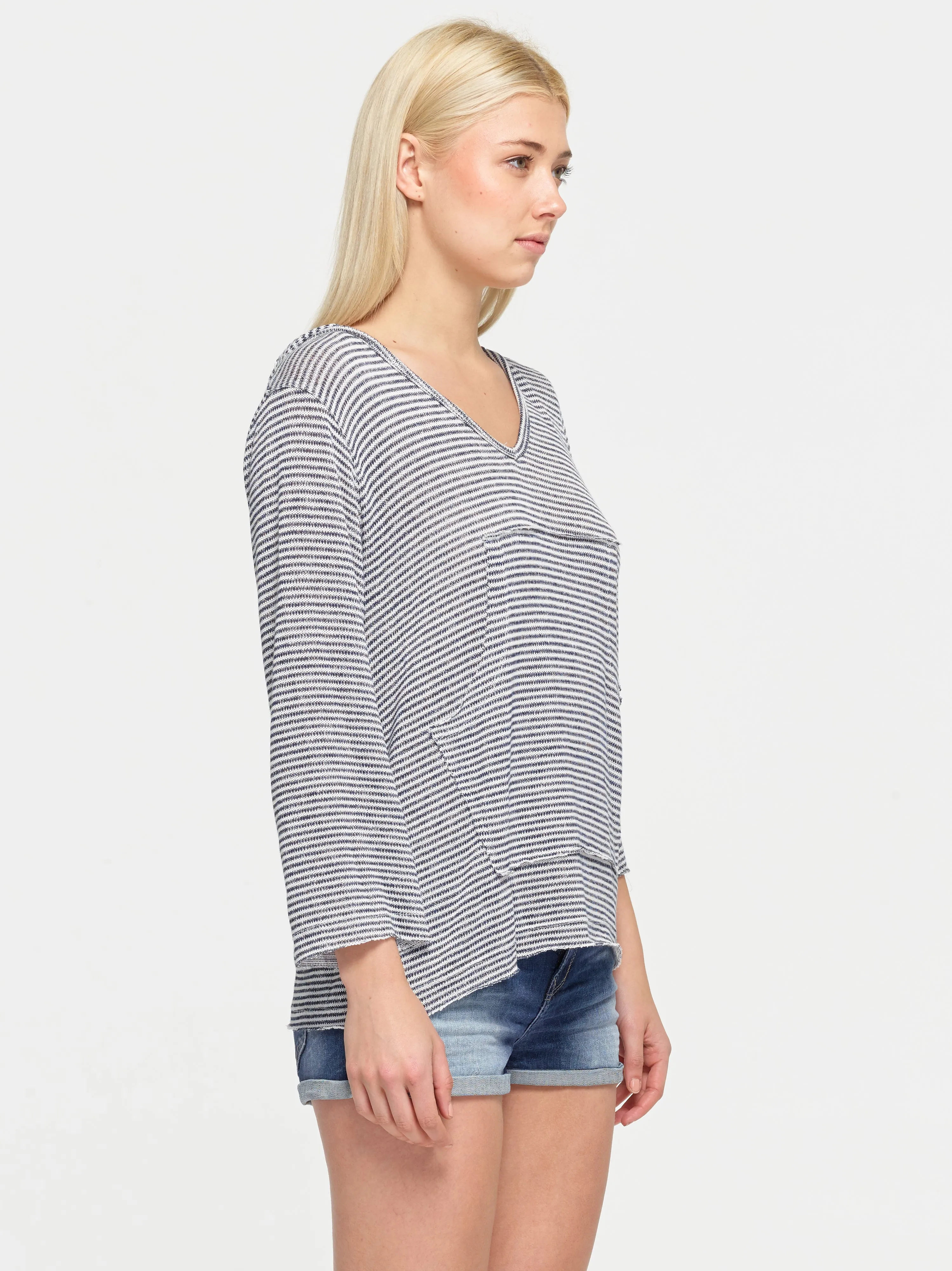 Hooded 3/4 Sleeve Striped Top