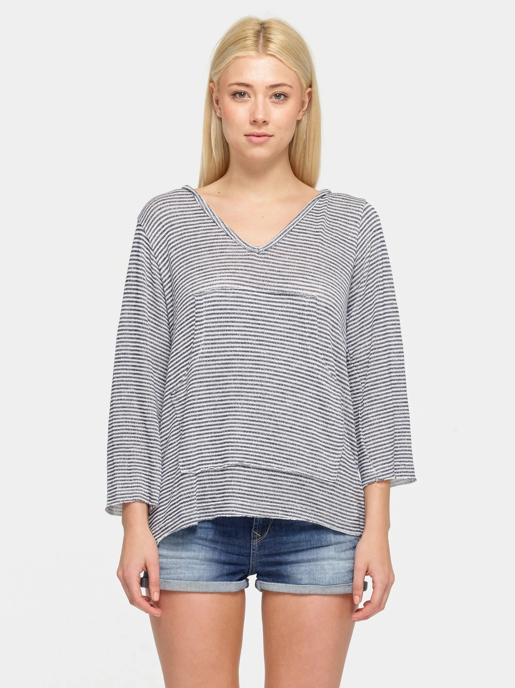 Hooded 3/4 Sleeve Striped Top