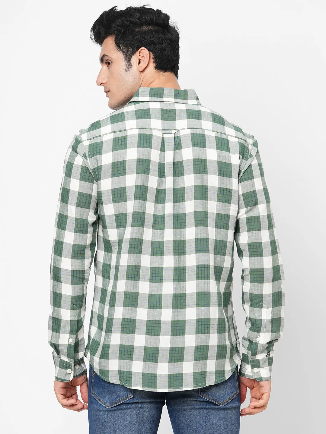 Men's Green Linen Viscose Regular Fit Checked Shirt