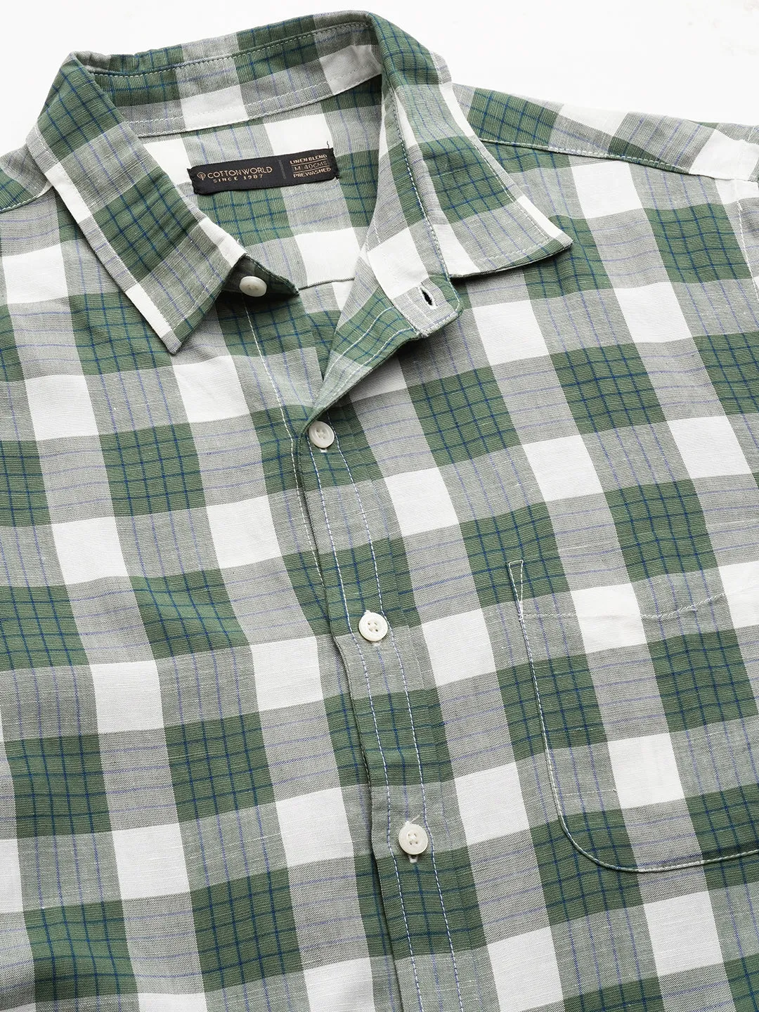 Men's Green Linen Viscose Regular Fit Checked Shirt