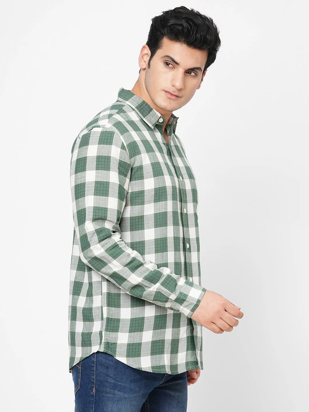 Men's Green Linen Viscose Regular Fit Checked Shirt