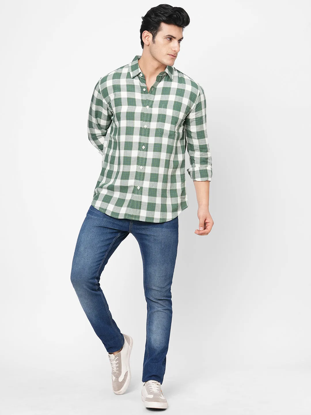 Men's Green Linen Viscose Regular Fit Checked Shirt