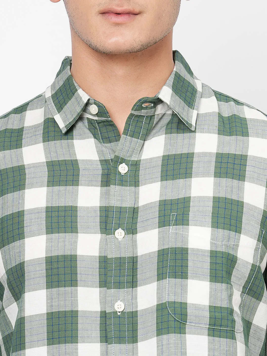 Men's Green Linen Viscose Regular Fit Checked Shirt