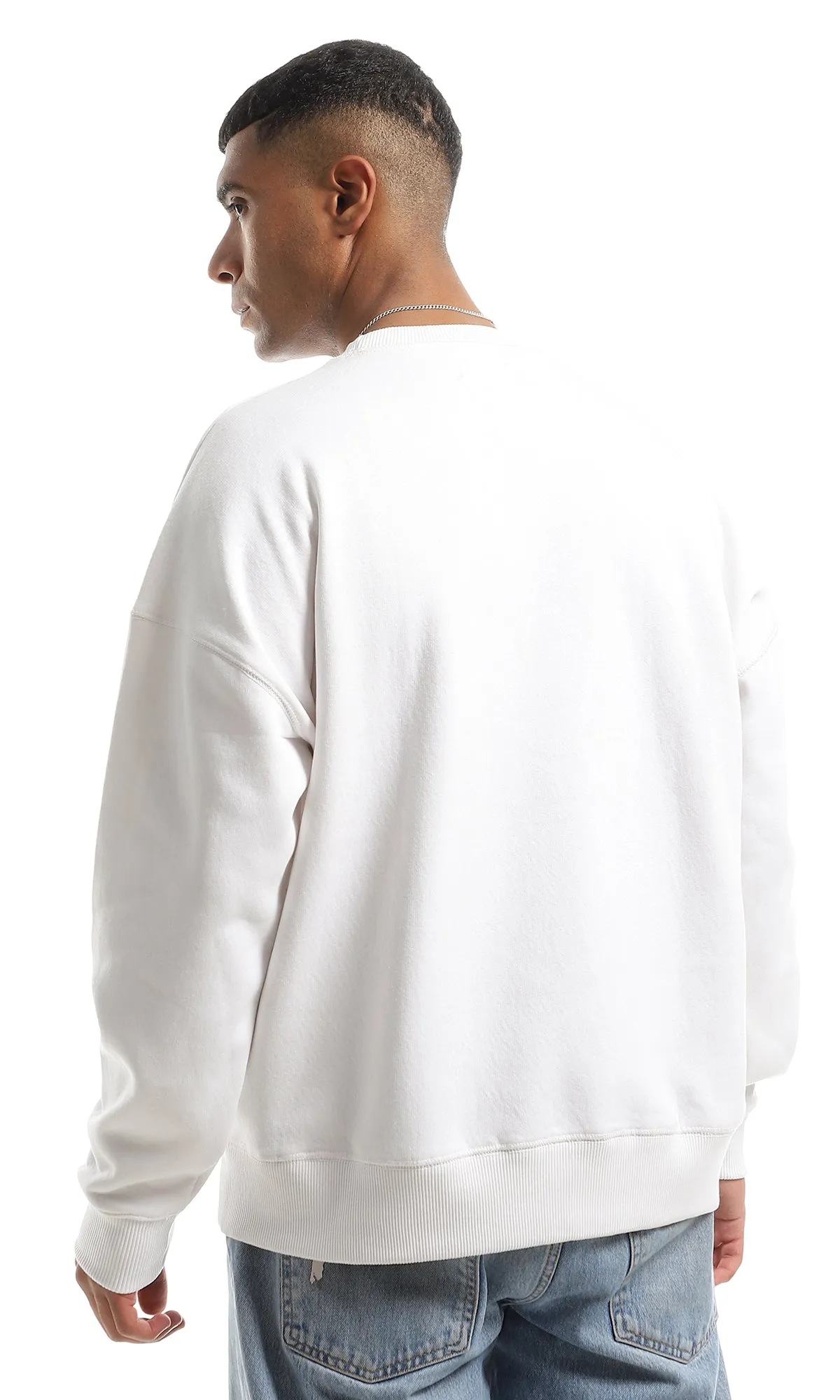 O150815 White Barcode Chest Printed Fleece Sweatshirt