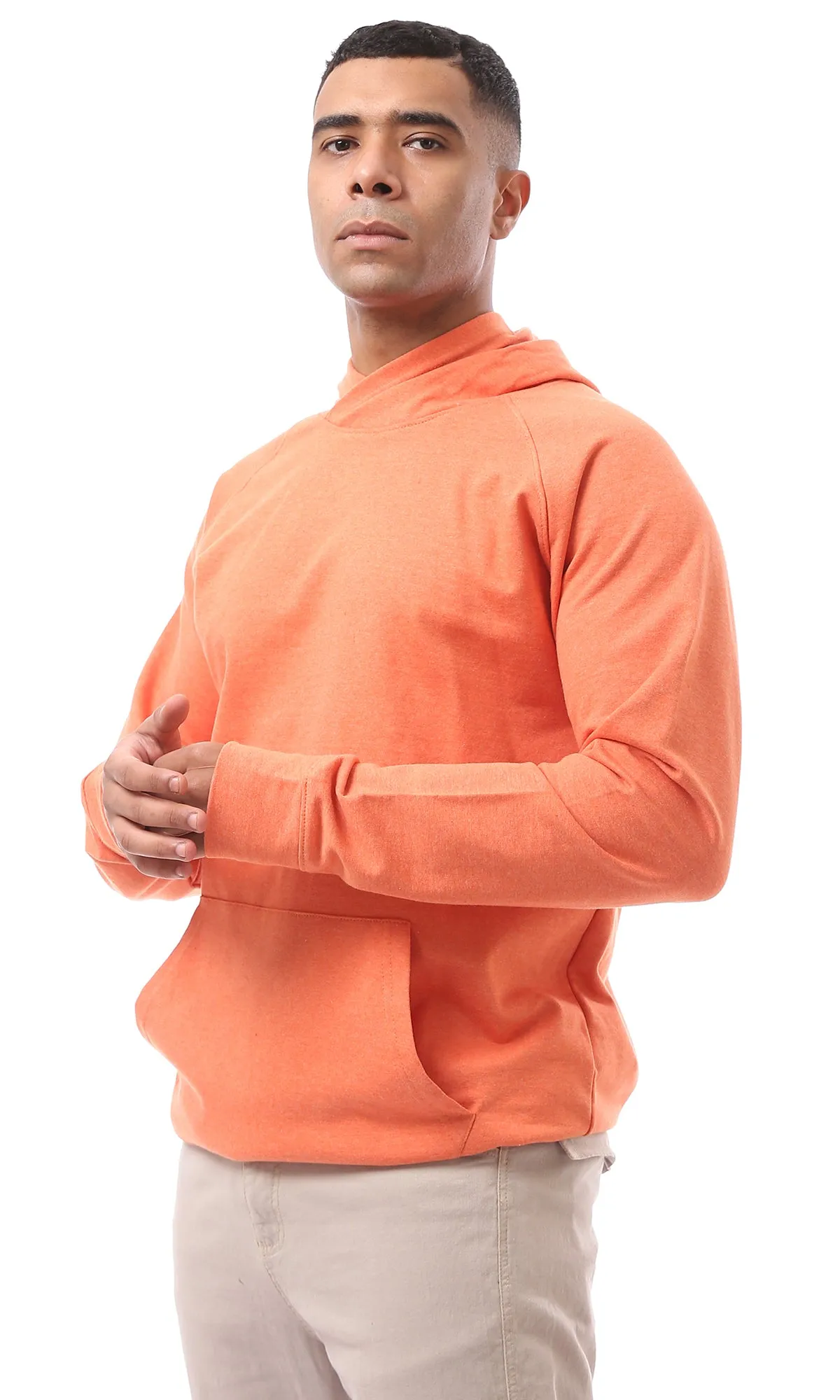 O174898 Hooded Neck Heather Orange Winter Long Hoodie