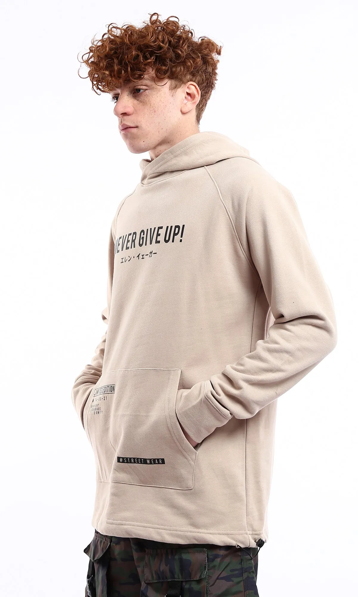 O175806 Never Give Up Beige Printed Slip On Hoodie