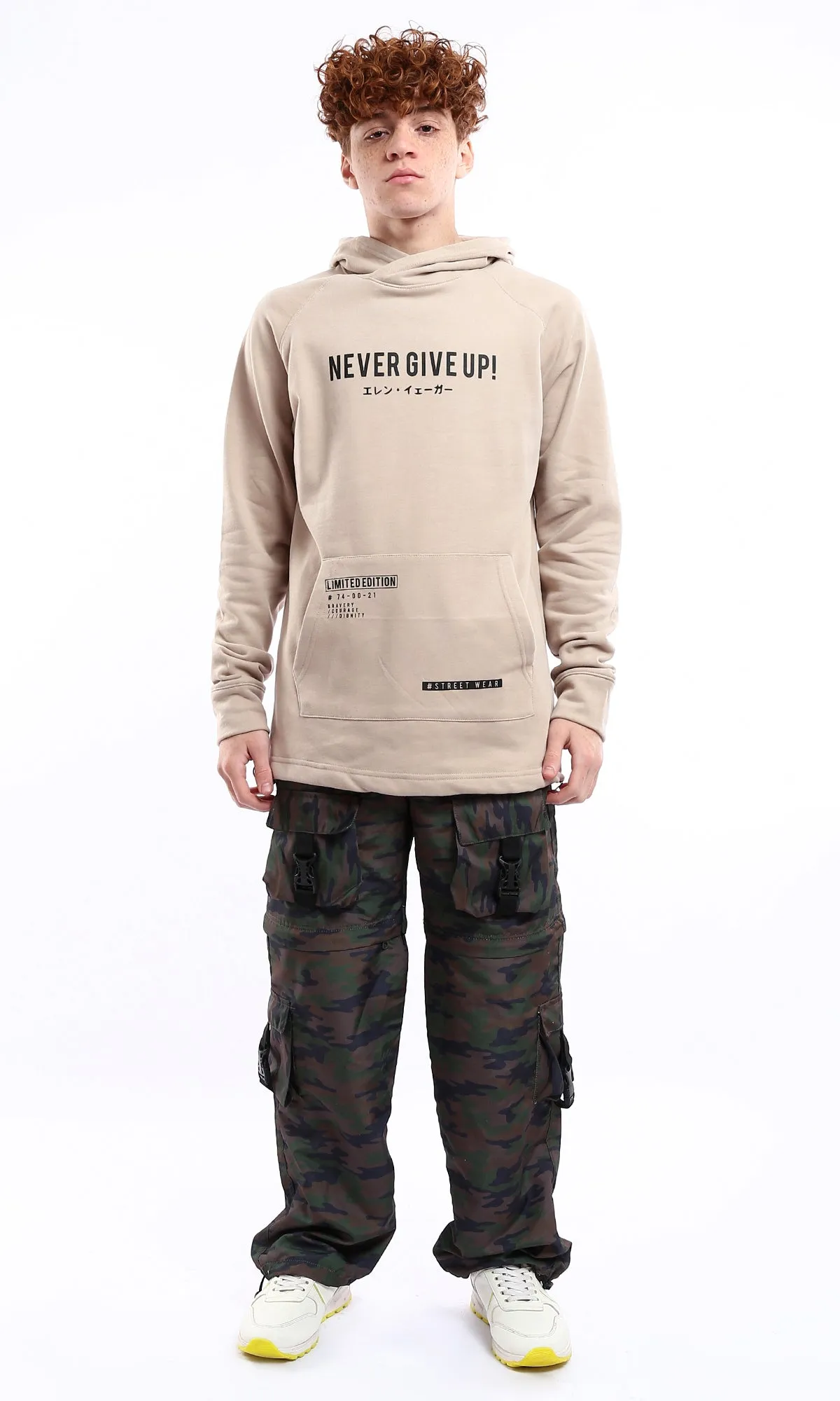 O175806 Never Give Up Beige Printed Slip On Hoodie