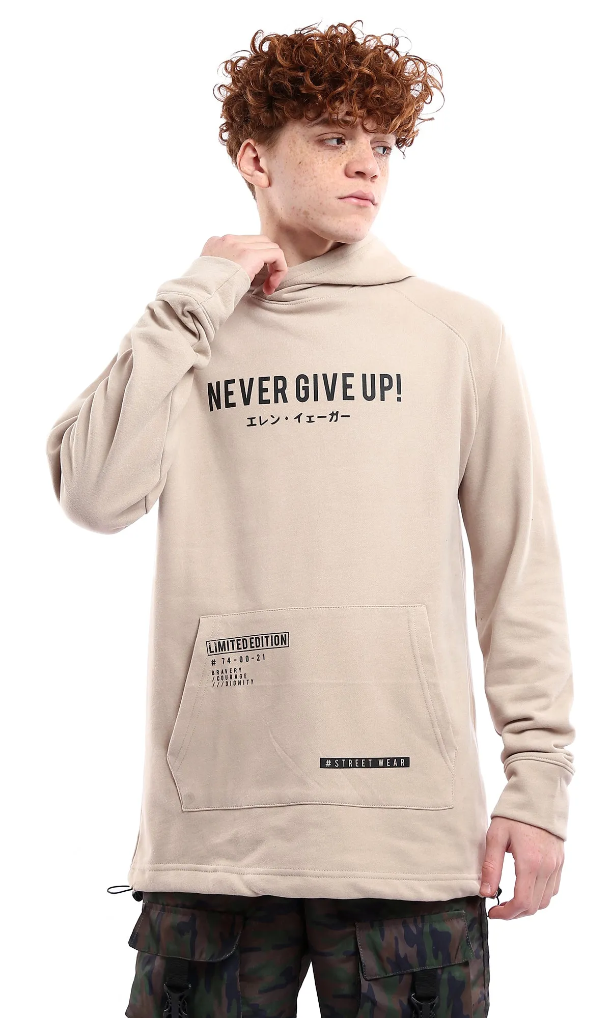 O175806 Never Give Up Beige Printed Slip On Hoodie