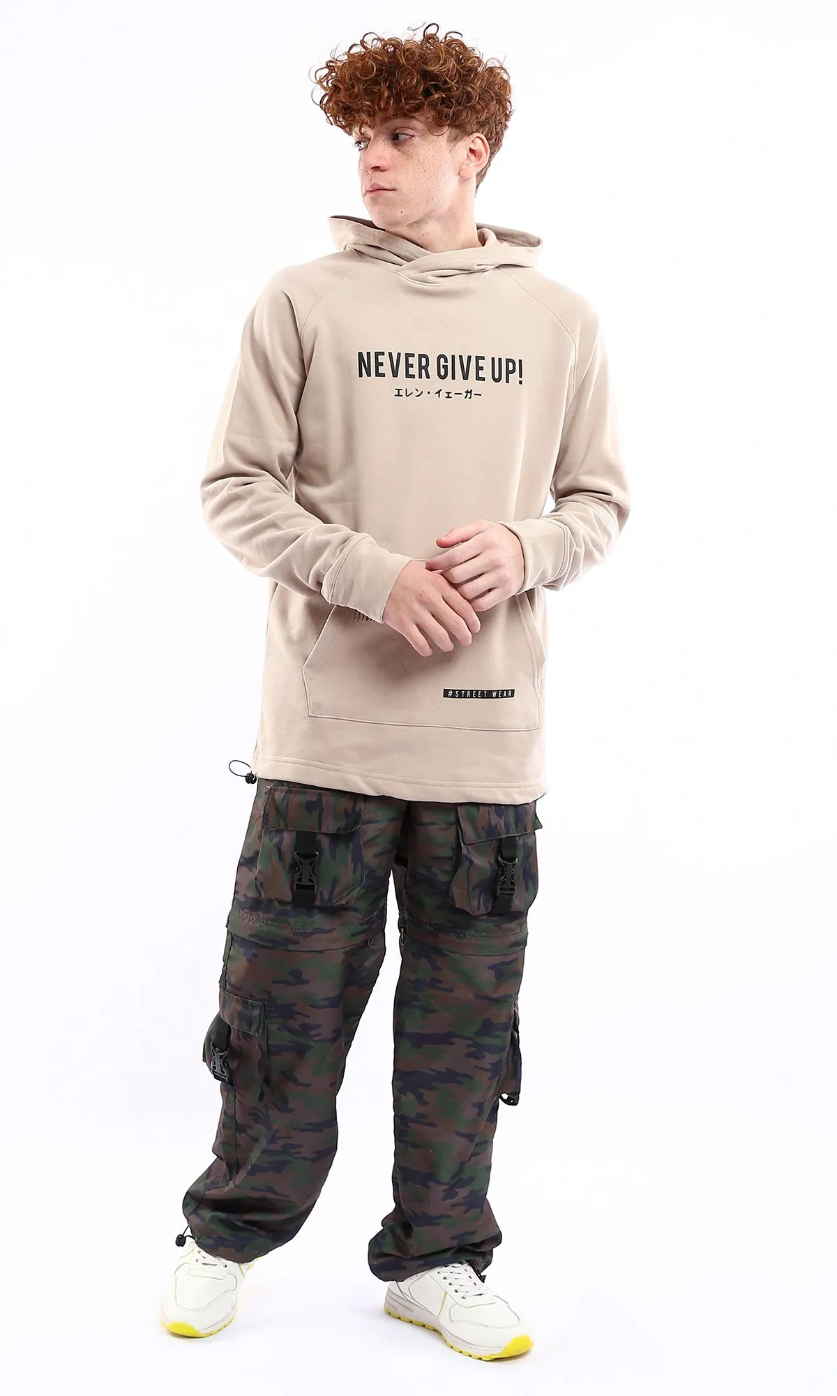 O175806 Never Give Up Beige Printed Slip On Hoodie