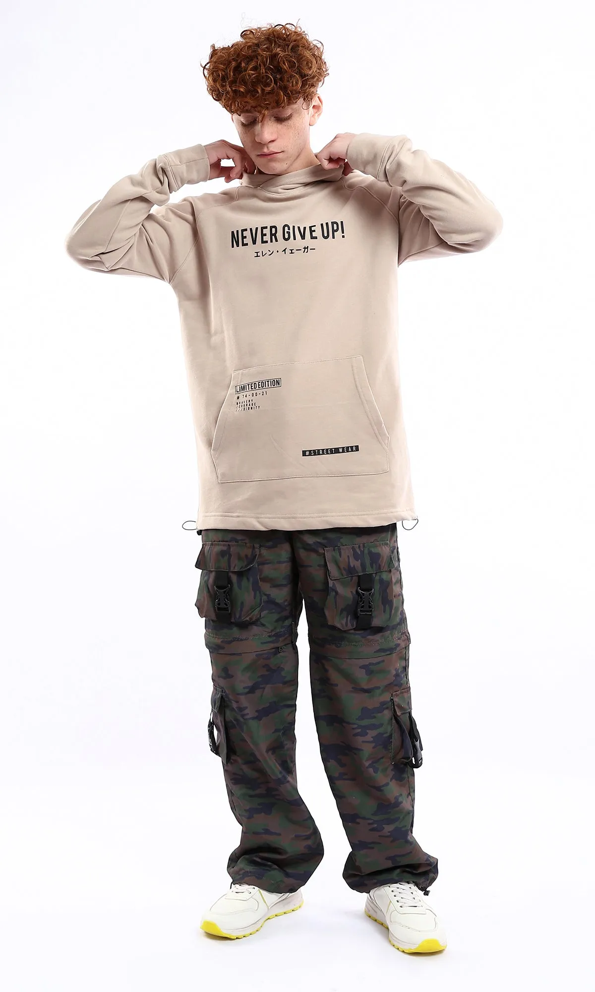 O175806 Never Give Up Beige Printed Slip On Hoodie