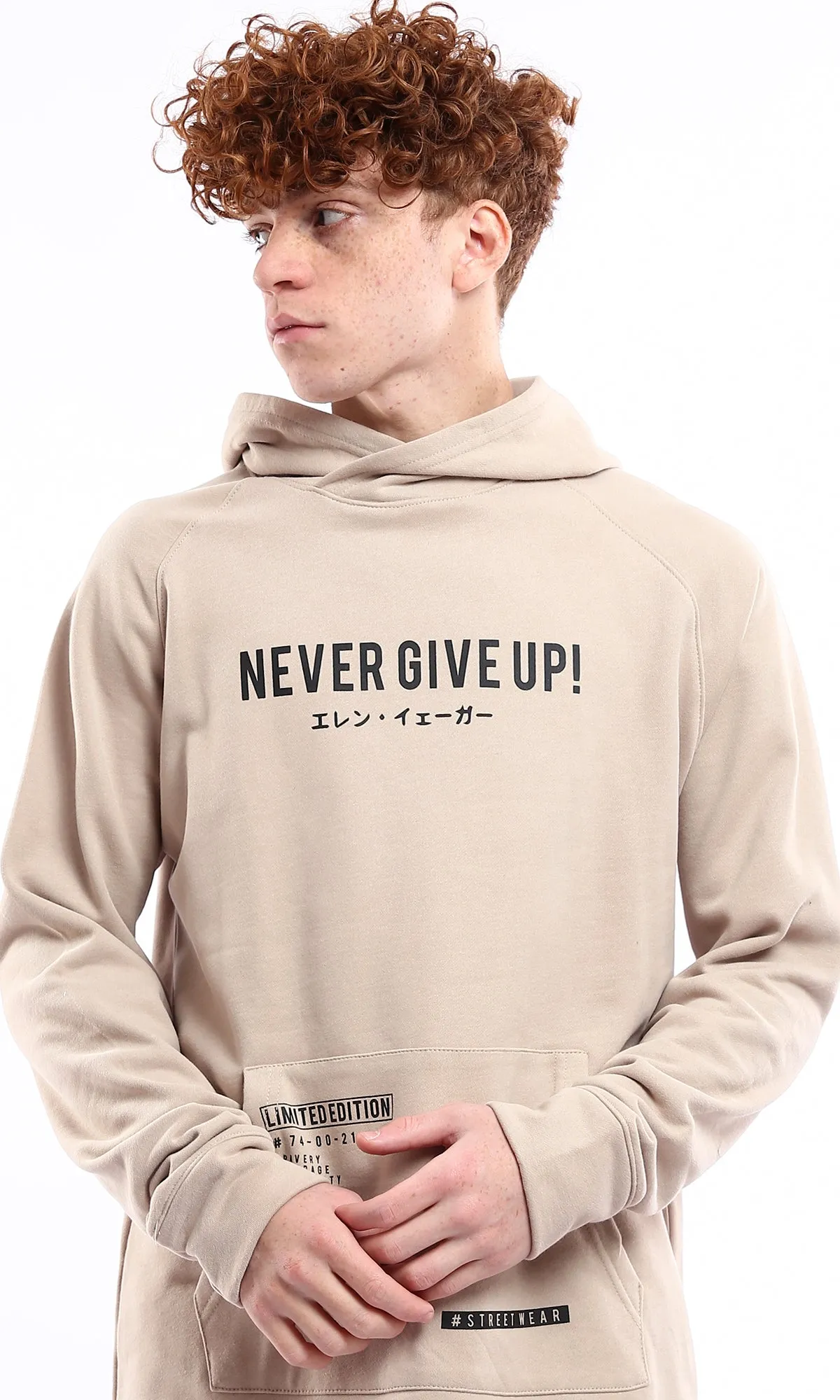 O175806 Never Give Up Beige Printed Slip On Hoodie